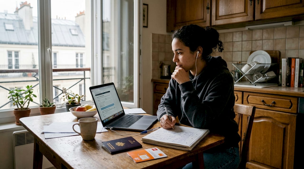 Un jeune élève se prépare à passer un entretien pour l'école, tranquillement installé chez lui.
