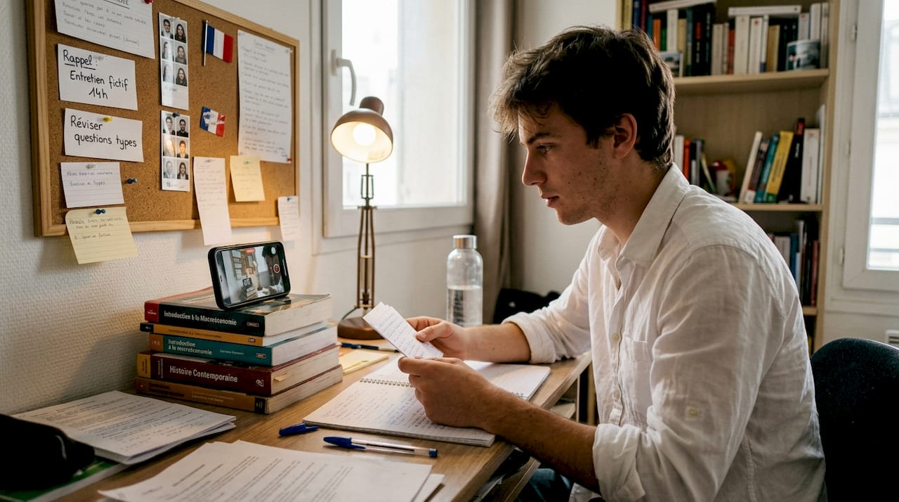 Un étudiant s'entraîne à un entretien d'admission en se filmant à son bureau.