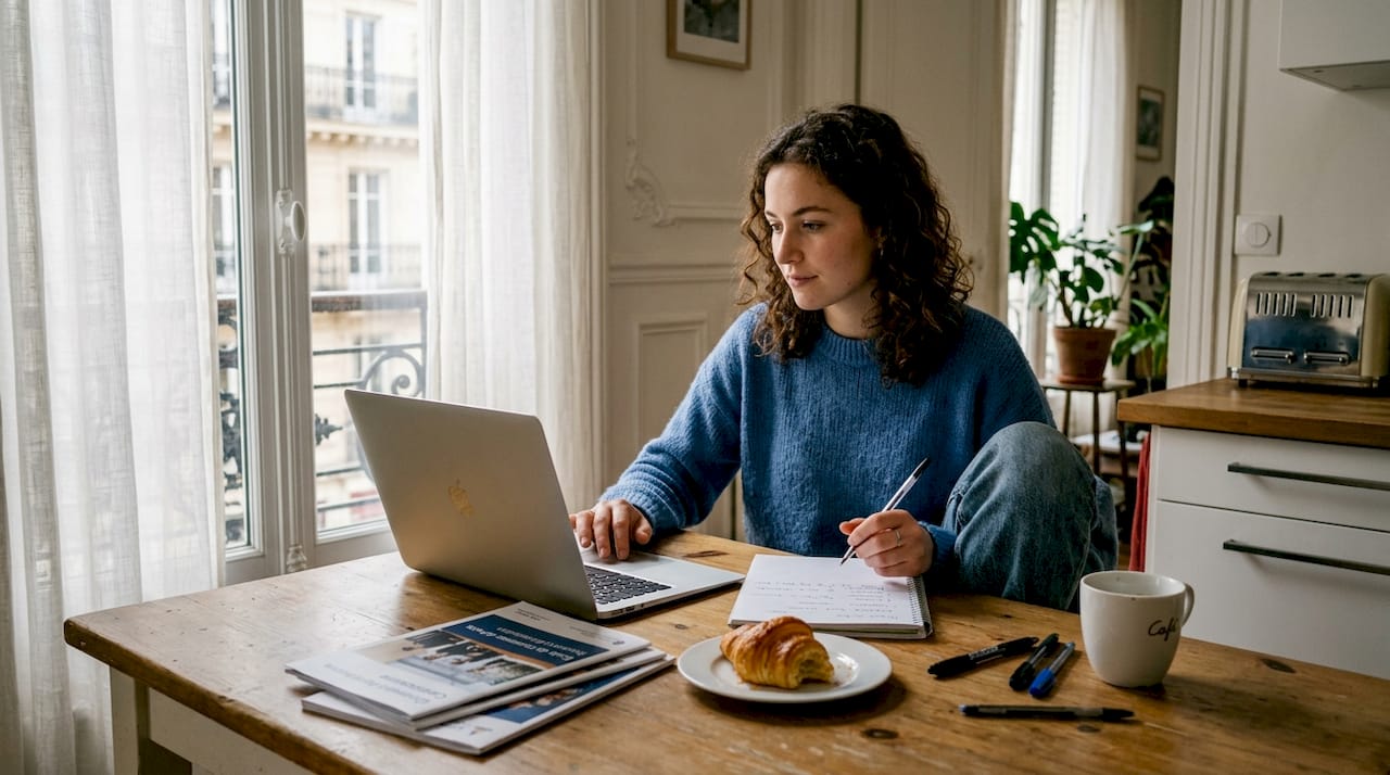 Un jeune élève se prépare à passer un entretien pour l'école, tranquillement installé chez lui.
